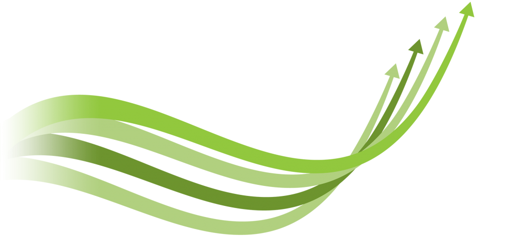A series of green arrows swooping upwards from left to right
